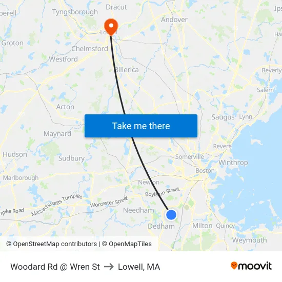 Woodard Rd @ Wren St to Lowell, MA map