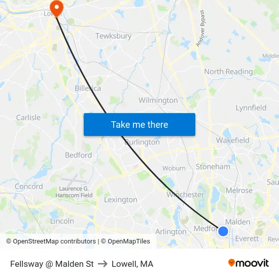 Fellsway @ Malden St to Lowell, MA map