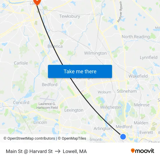 Main St @ Harvard St to Lowell, MA map
