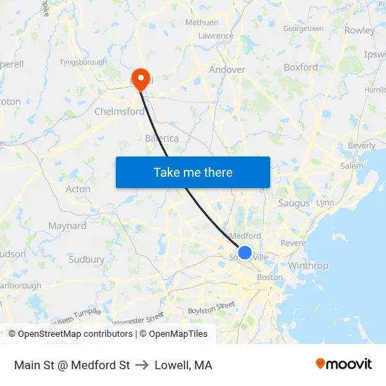Main St @ Medford St to Lowell, MA map