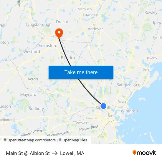 Main St @ Albion St to Lowell, MA map