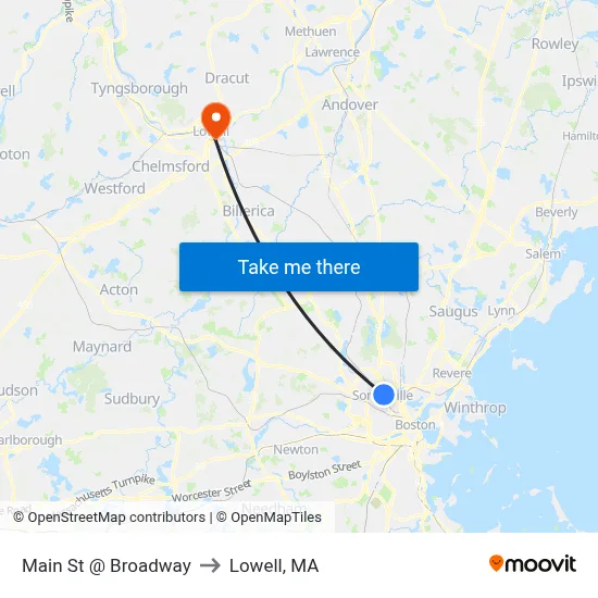 Main St @ Broadway to Lowell, MA map