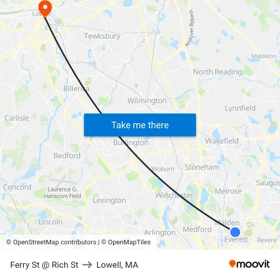 Ferry St @ Rich St to Lowell, MA map