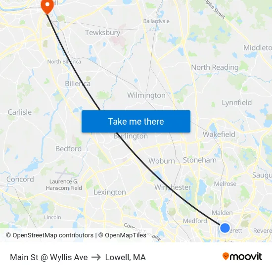 Main St @ Wyllis Ave to Lowell, MA map