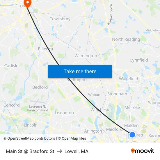 Main St @ Bradford St to Lowell, MA map