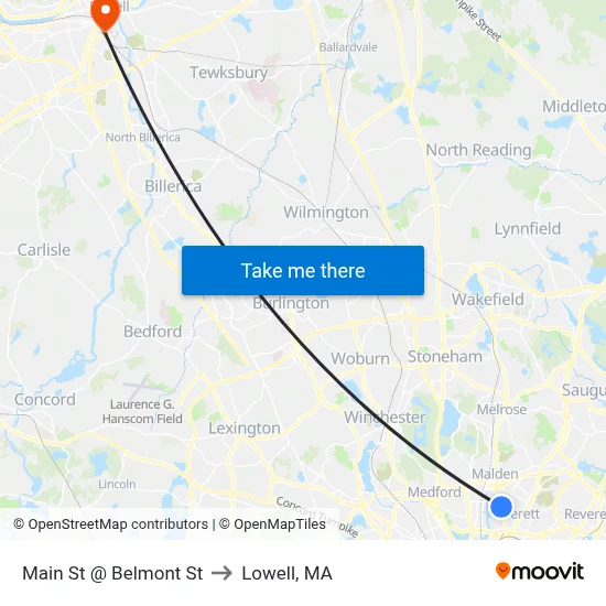 Main St @ Belmont St to Lowell, MA map