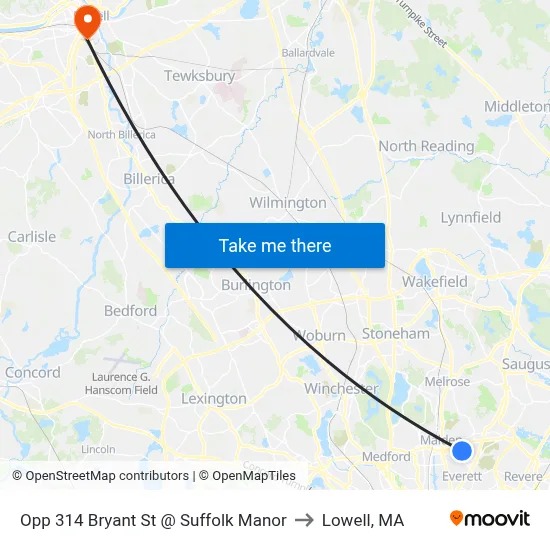 Opp 314 Bryant St @ Suffolk Manor to Lowell, MA map