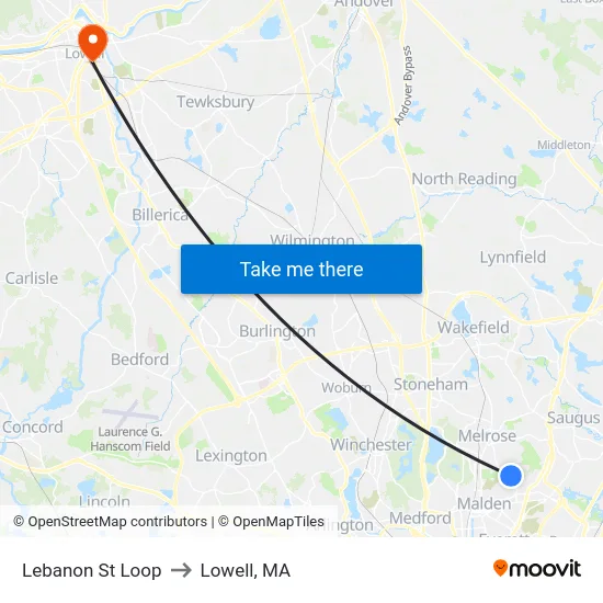 Lebanon St Loop to Lowell, MA map