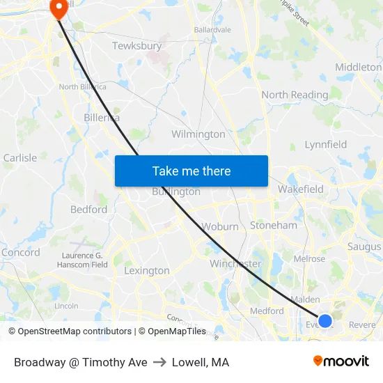 Broadway @ Timothy Ave to Lowell, MA map