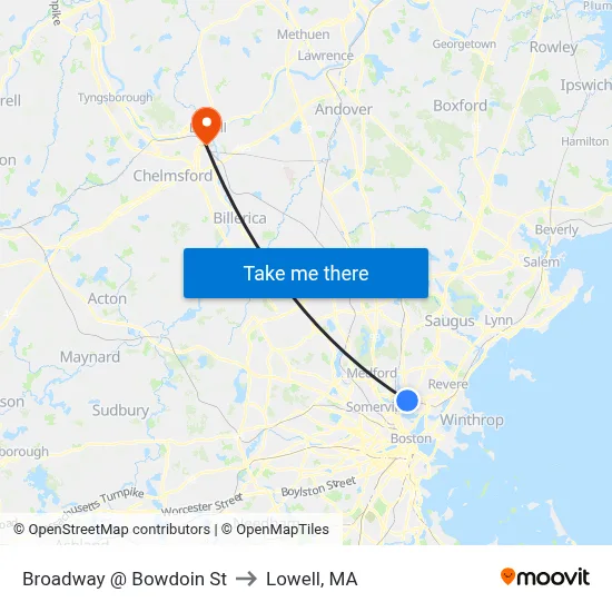 Broadway @ Bowdoin St to Lowell, MA map