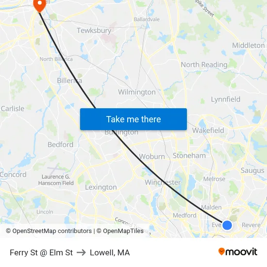 Ferry St @ Elm St to Lowell, MA map
