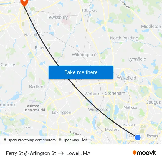 Ferry St @ Arlington St to Lowell, MA map