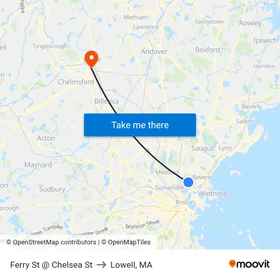 Ferry St @ Chelsea St to Lowell, MA map