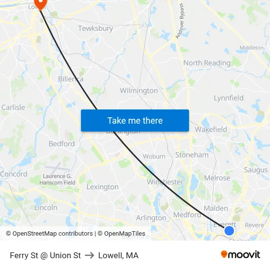 Ferry St @ Union St to Lowell, MA map