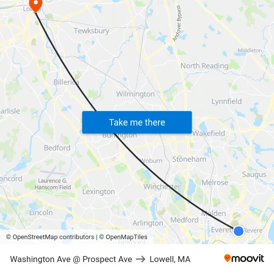 Washington Ave @ Prospect Ave to Lowell, MA map