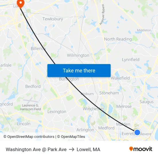 Washington Ave @ Park Ave to Lowell, MA map