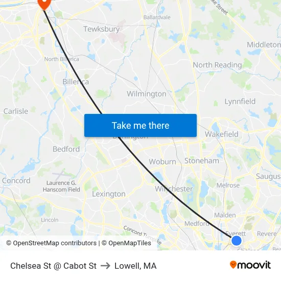 Chelsea St @ Cabot St to Lowell, MA map
