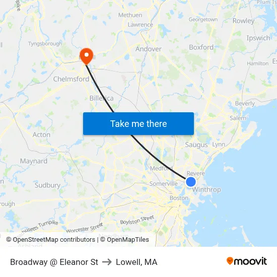 Broadway @ Eleanor St to Lowell, MA map