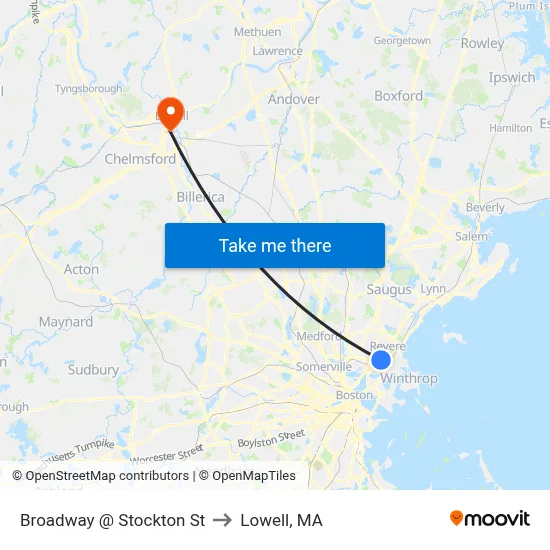 Broadway @ Stockton St to Lowell, MA map