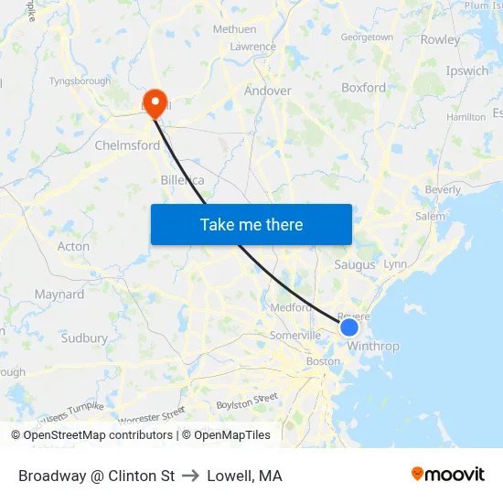 Broadway @ Clinton St to Lowell, MA map
