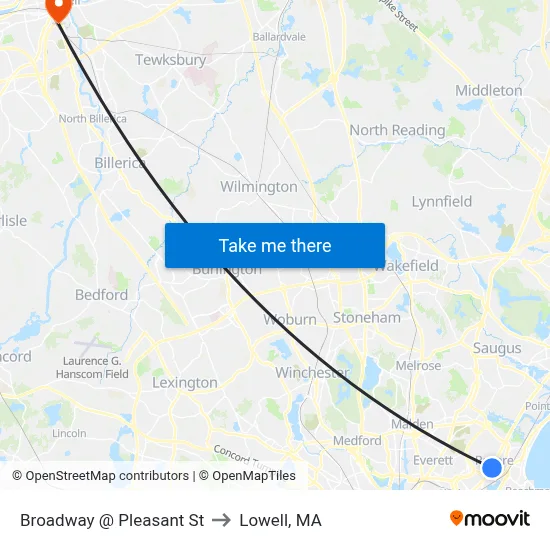 Broadway @ Pleasant St to Lowell, MA map