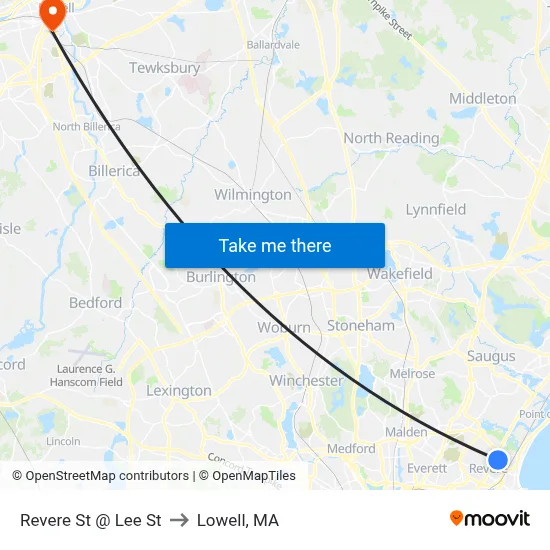 Revere St @ Lee St to Lowell, MA map