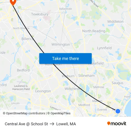 Central Ave @ School St to Lowell, MA map