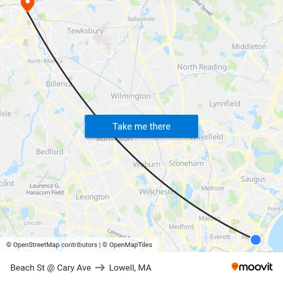 Beach St @ Cary Ave to Lowell, MA map