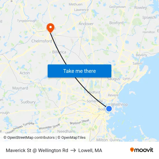 Maverick St @ Wellington Rd to Lowell, MA map