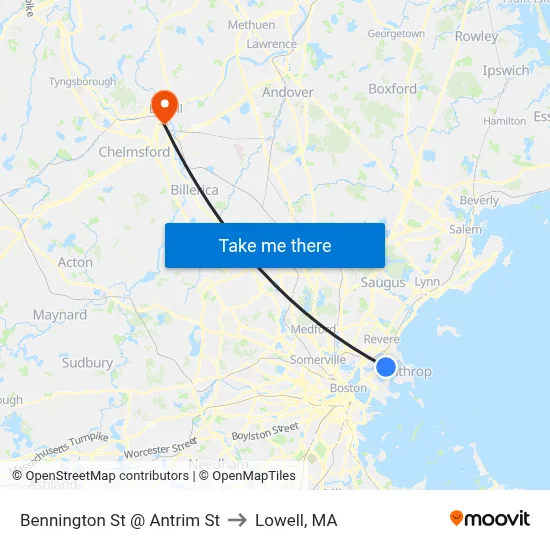 Bennington St @ Antrim St to Lowell, MA map