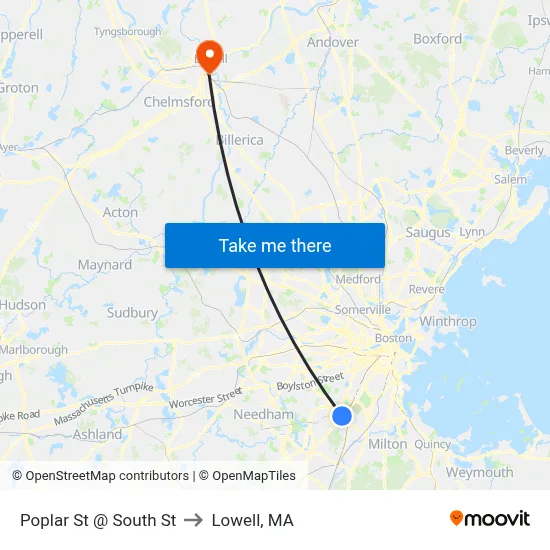 Poplar St @ South St to Lowell, MA map