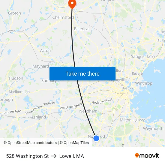 528 Washington St to Lowell, MA map