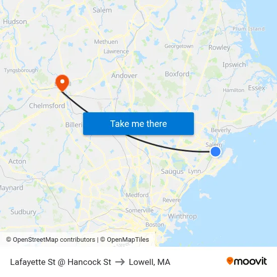 Lafayette St @ Hancock St to Lowell, MA map