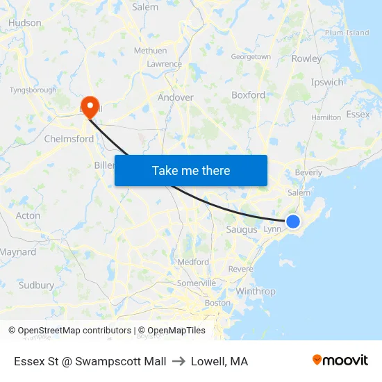 Essex St @ Swampscott Mall to Lowell, MA map