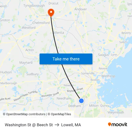 Washington St @ Beech St to Lowell, MA map