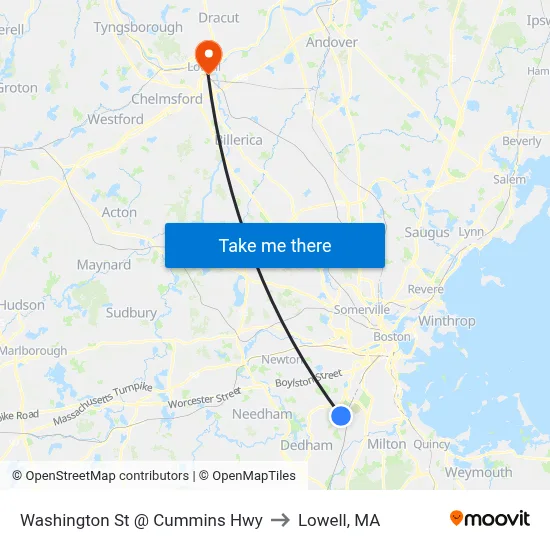Washington St @ Cummins Hwy to Lowell, MA map