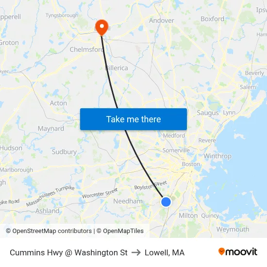 Cummins Hwy @ Washington St to Lowell, MA map