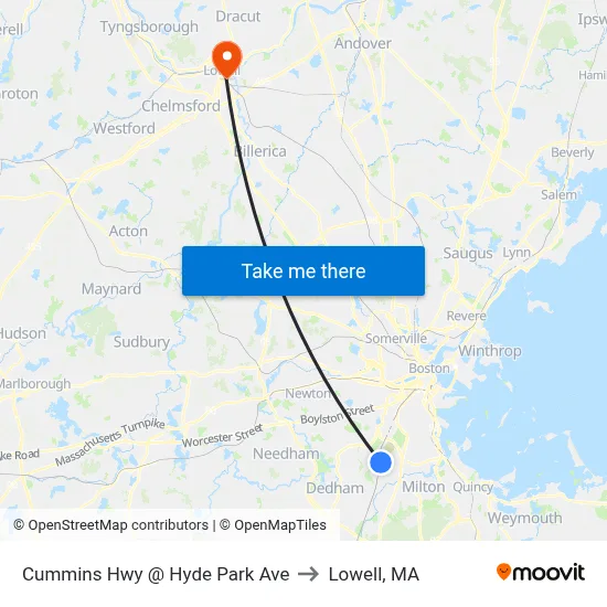 Cummins Hwy @ Hyde Park Ave to Lowell, MA map