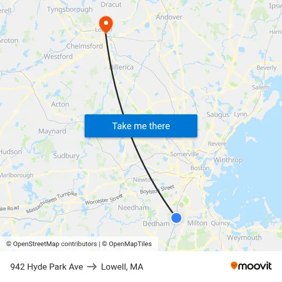 942 Hyde Park Ave to Lowell, MA map