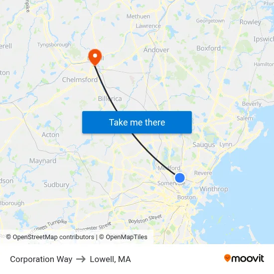Corporation Way to Lowell, MA map