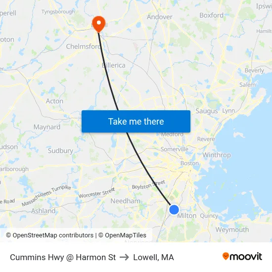 Cummins Hwy @ Harmon St to Lowell, MA map