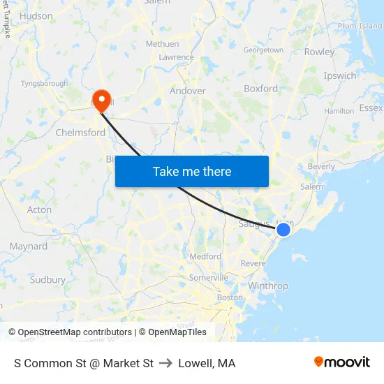 S Common St @ Market St to Lowell, MA map