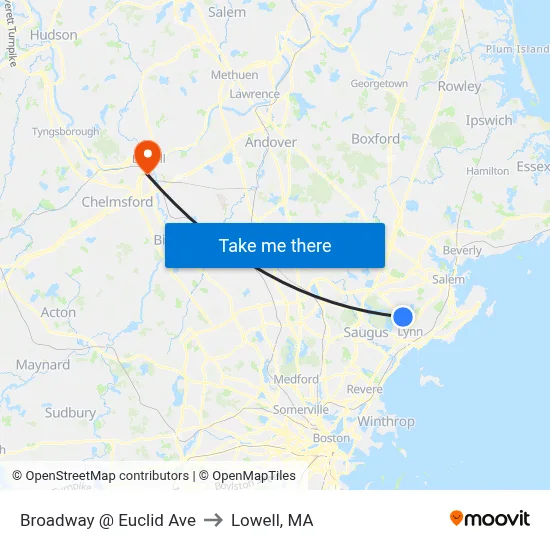 Broadway @ Euclid Ave to Lowell, MA map