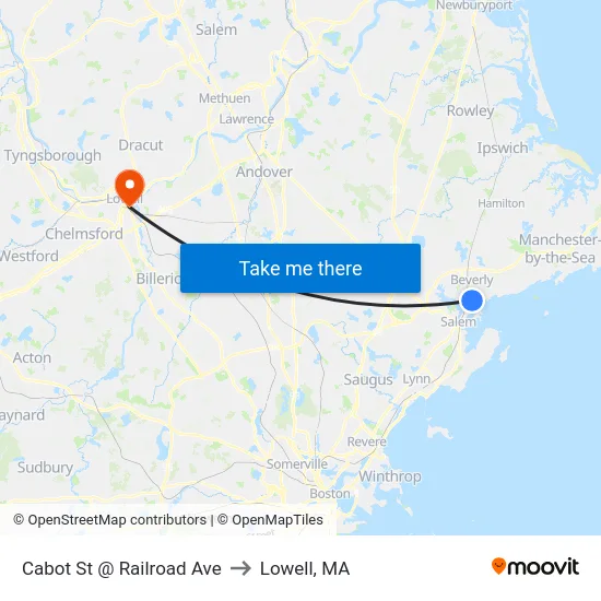 Cabot St @ Railroad Ave to Lowell, MA map