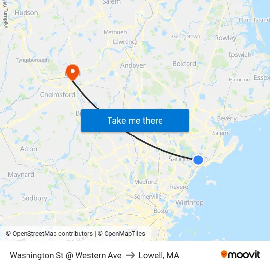 Washington St @ Western Ave to Lowell, MA map