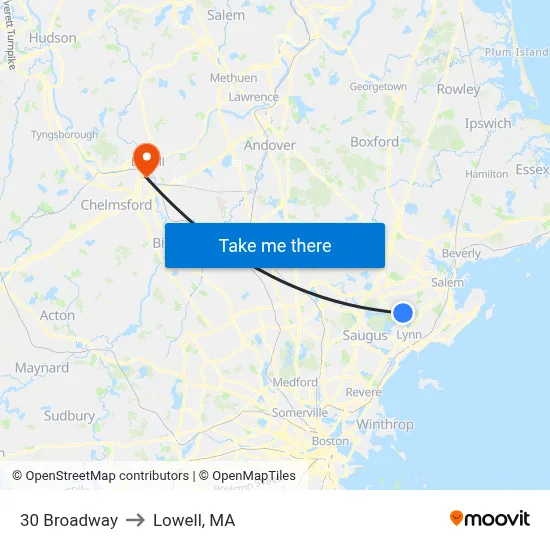 30 Broadway to Lowell, MA map