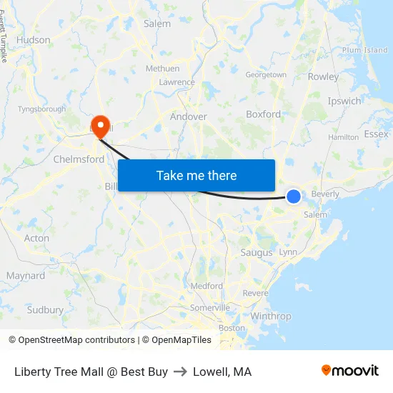 Liberty Tree Mall @ Best Buy to Lowell, MA map