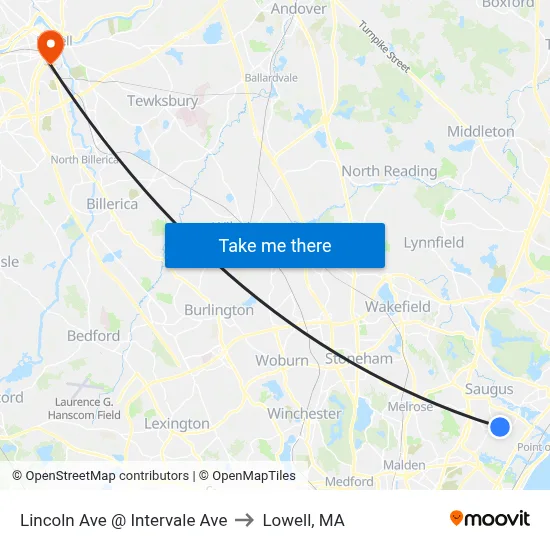 Lincoln Ave @ Intervale Ave to Lowell, MA map