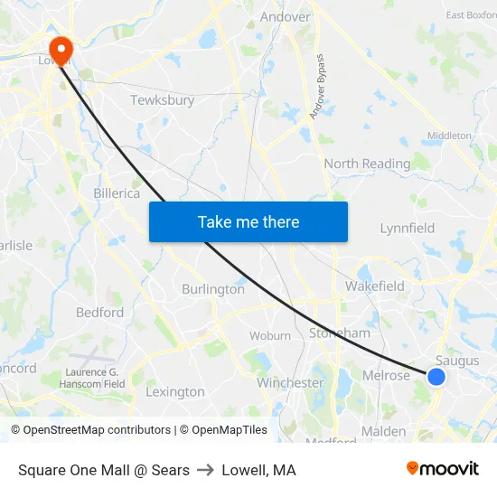 Square One Mall @ Sears to Lowell, MA map