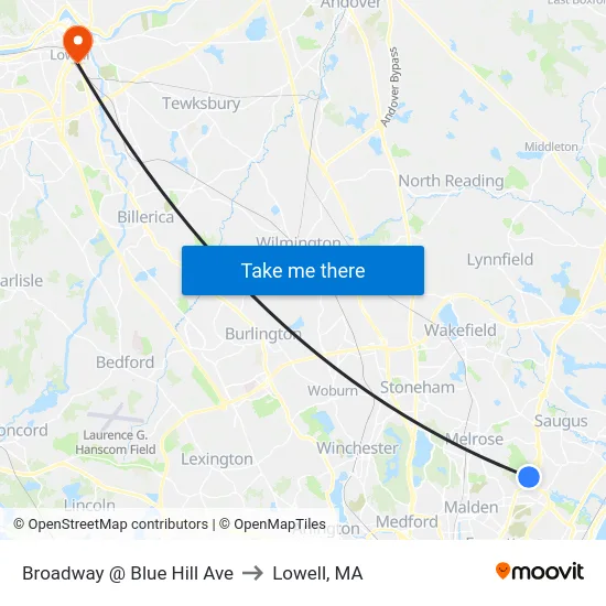 Broadway @ Blue Hill Ave to Lowell, MA map